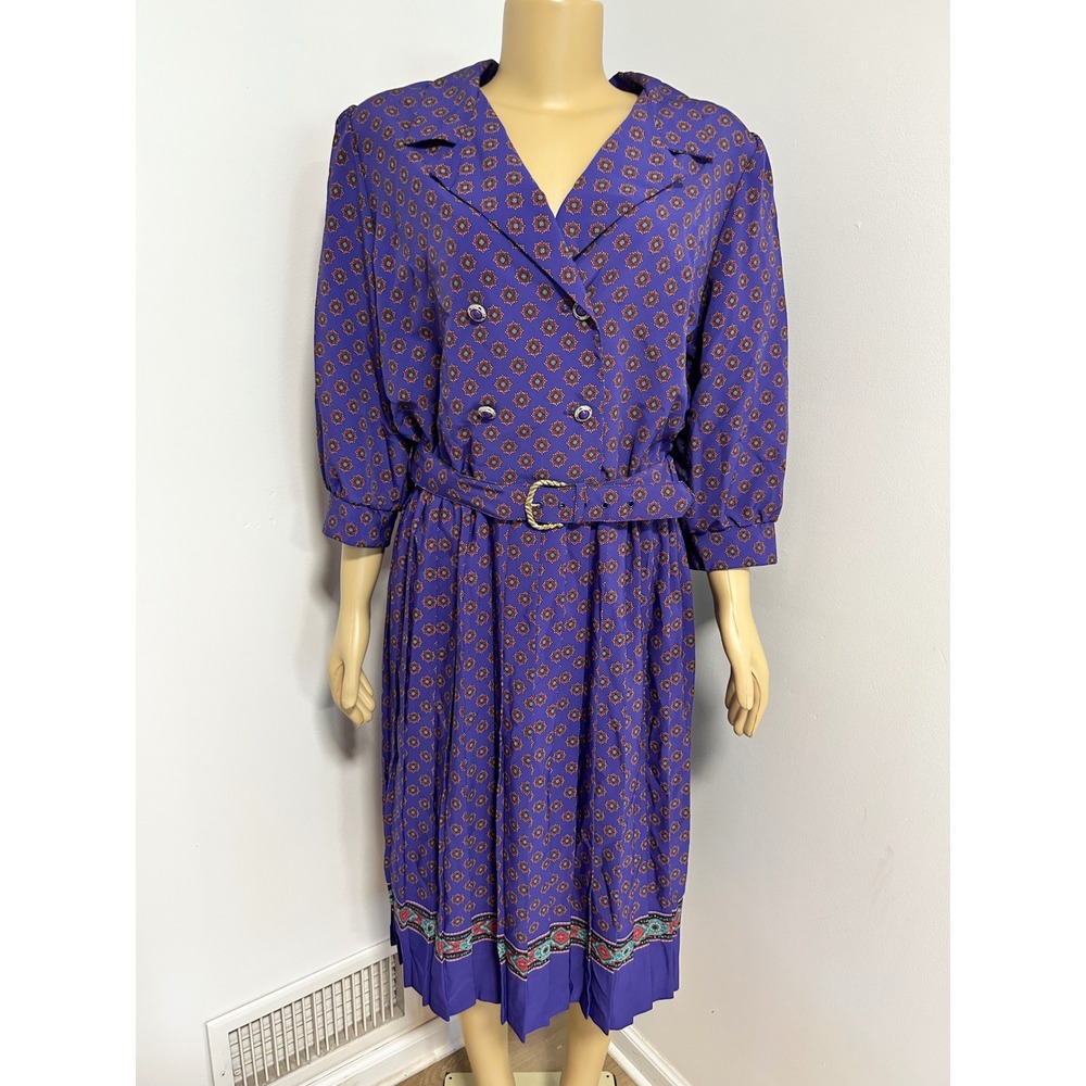 Breli Originals Vintage 80s Purple Geometric Medallion Belted Midi Dress USA